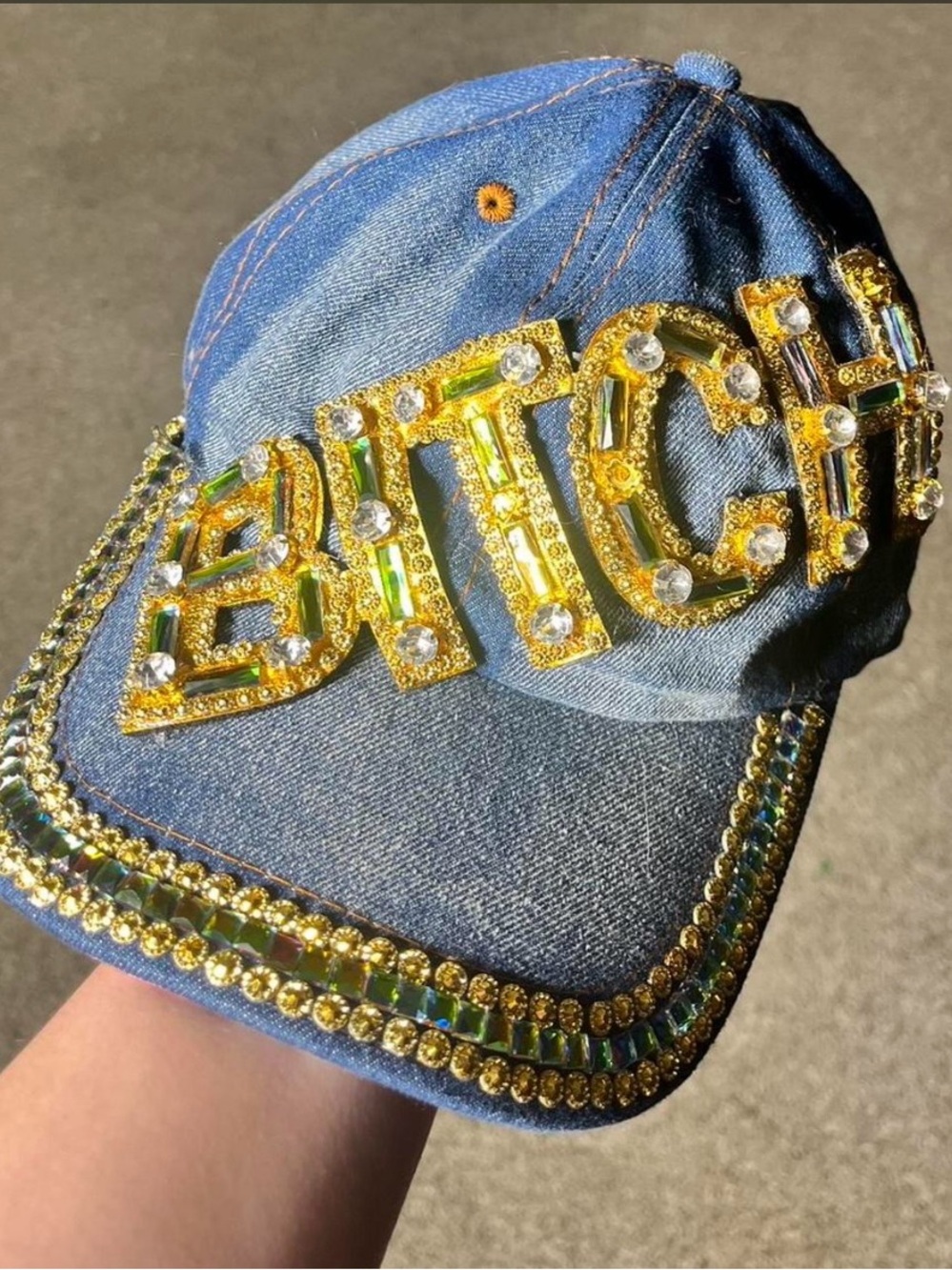 Denim Blue Jeweled Cap with Gold